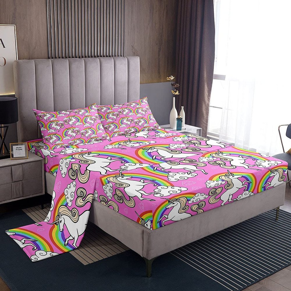 4-Piece King Size Unicorn Bedding Set, Rainbow Unicorn, Clouds, Pink
