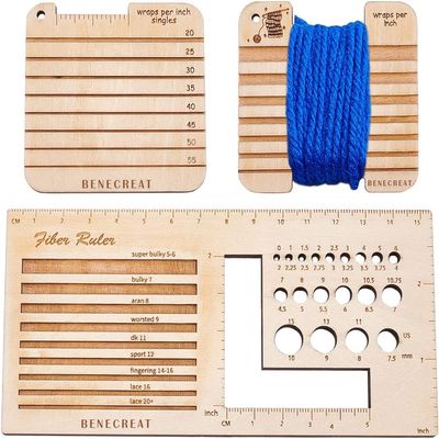 BENECREAT 3-Piece Wooden Knitting Needle Gauge and Ruler Set, 3-Style Square Wood Tools, Yarn Spinning Gauge