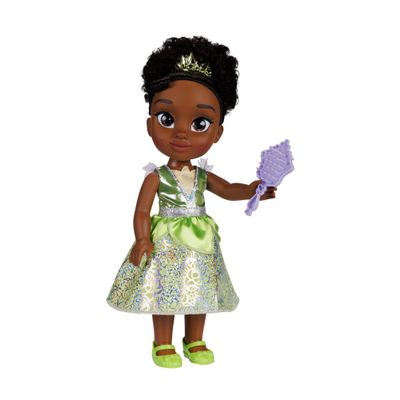 Disney Princess Tiana Doll 35 cm, Reflective Glitter Eyes, Movable Joints, Removable Outfit, Shoes, Tiara, Black Updo, for Girls Ages 3+