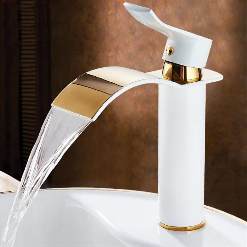 Bathroom Sink Faucet, Gold and White, Waterfall Design, Short