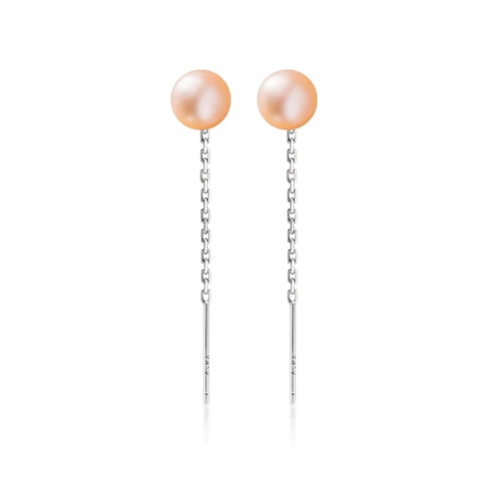 BEDT Authentic 925 Sterling Silver Synthetic Pearl Linked Stick Earrings for Women