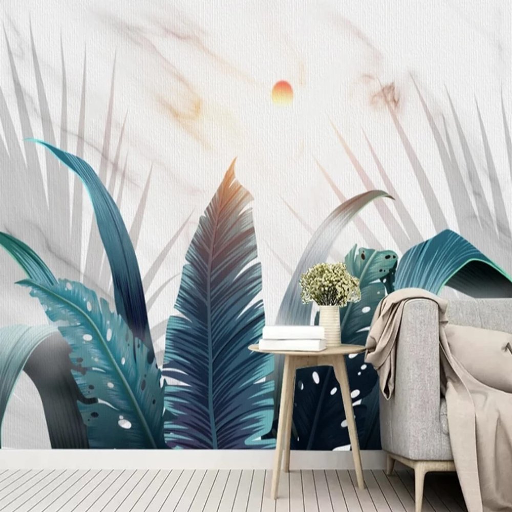 Photo Wallpaper 400 cm W × 280 cm H, Non-Woven, Rainforest Marble Plant Leaves and Sun