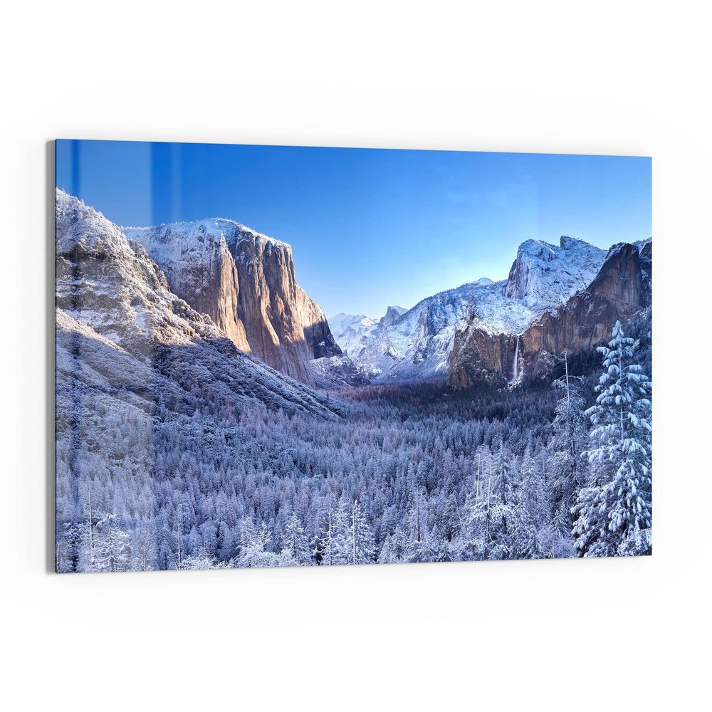 DEQORI Glass Magnetic Board | 90 x 60 cm | Yosemite in Winter Design | Glass Memo Board with Magnets, Marker & Cloth for Kitchen & Office | Magnetic & Writable