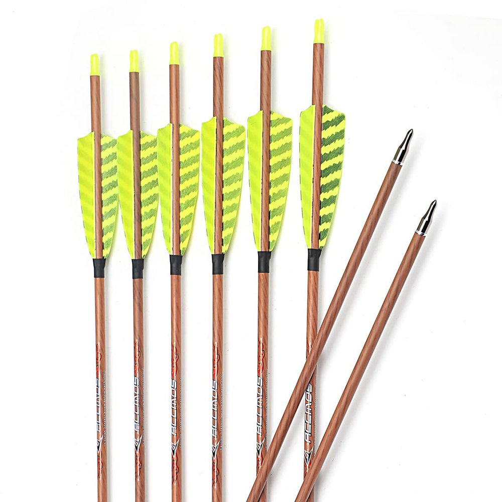 ACCMOS ID 6.2 mm Woodgrain Carbon Arrows, 4" Yellow Stripe Shield Feathers, Spine 700, 6-Pack