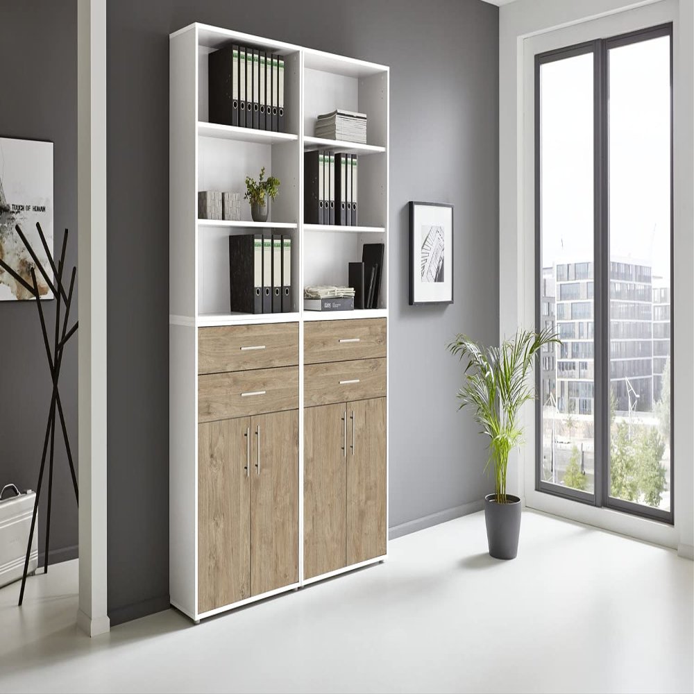 TABOR 20 Office Wall Unit with File Cabinets and Shelving, White/Gold Harbor Oak