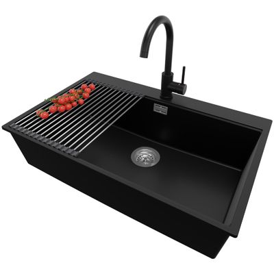 PRIMAGRAN Granite Sink for 80 cm+ Base Cabinets with Kitchen Faucet, 78 x 50 cm