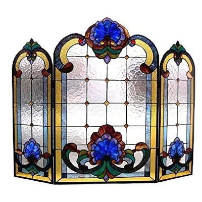 PURRL Stained Glass–Style Fireplace Screen, 31 in H x 40 in W, Decorative Little Surprise