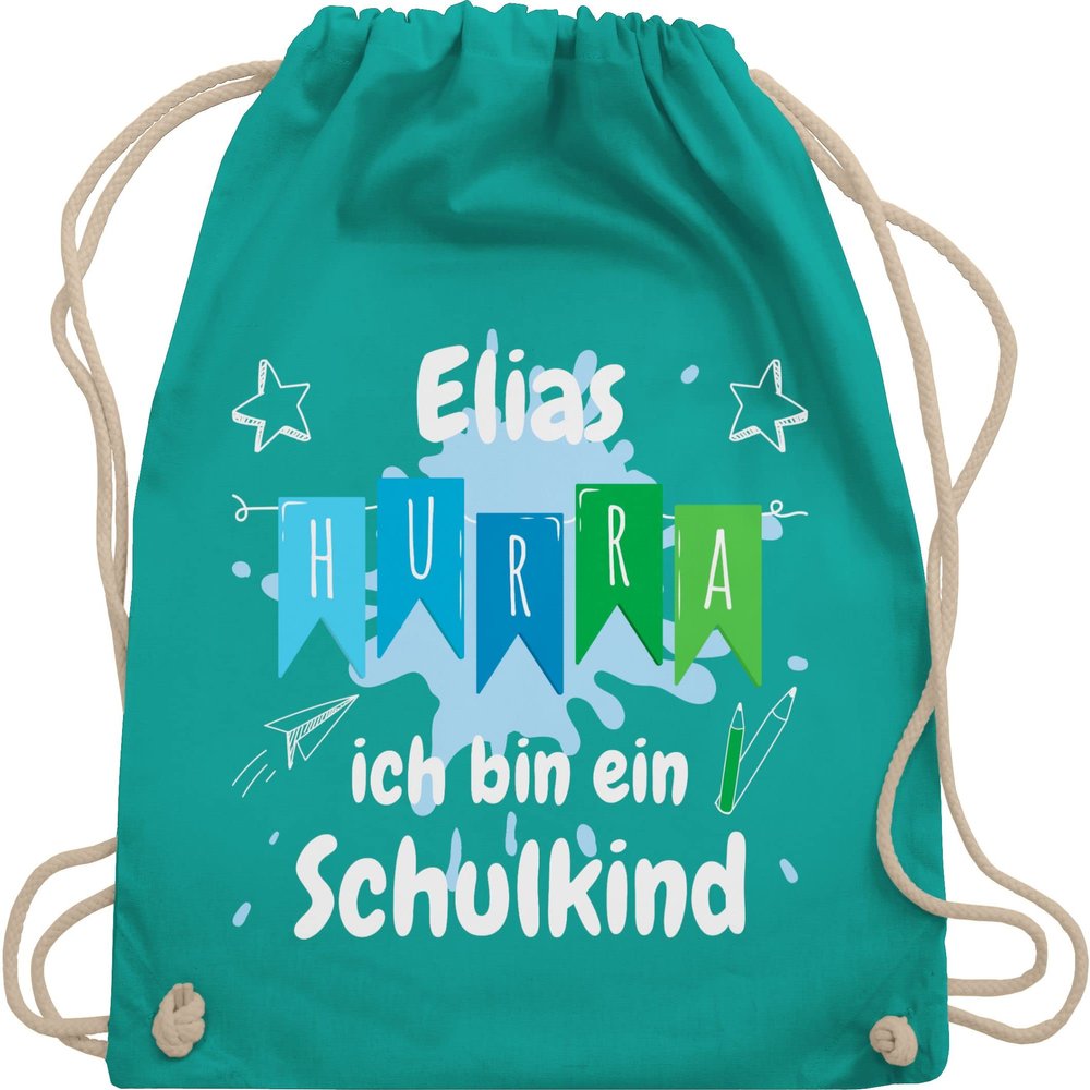 Drawstring Backpack – “Hooray, I’m Starting School” – Turquoise