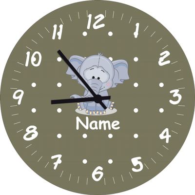Shirtinstyle Handmade Elephant Wall Clock for Kids' Rooms with Custom Name, 29 cm, Sage