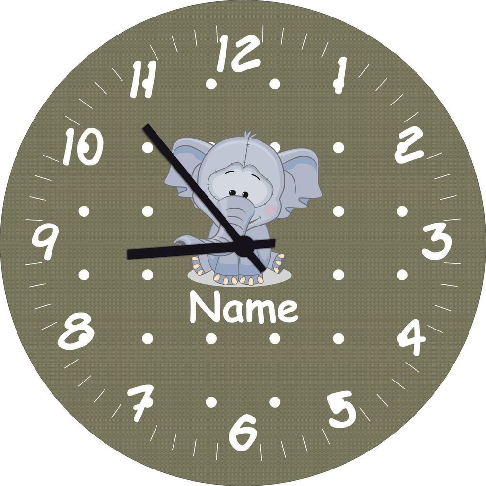 Shirtinstyle Handmade Elephant Wall Clock for Kids' Rooms with Custom Name, 29 cm, Sage
