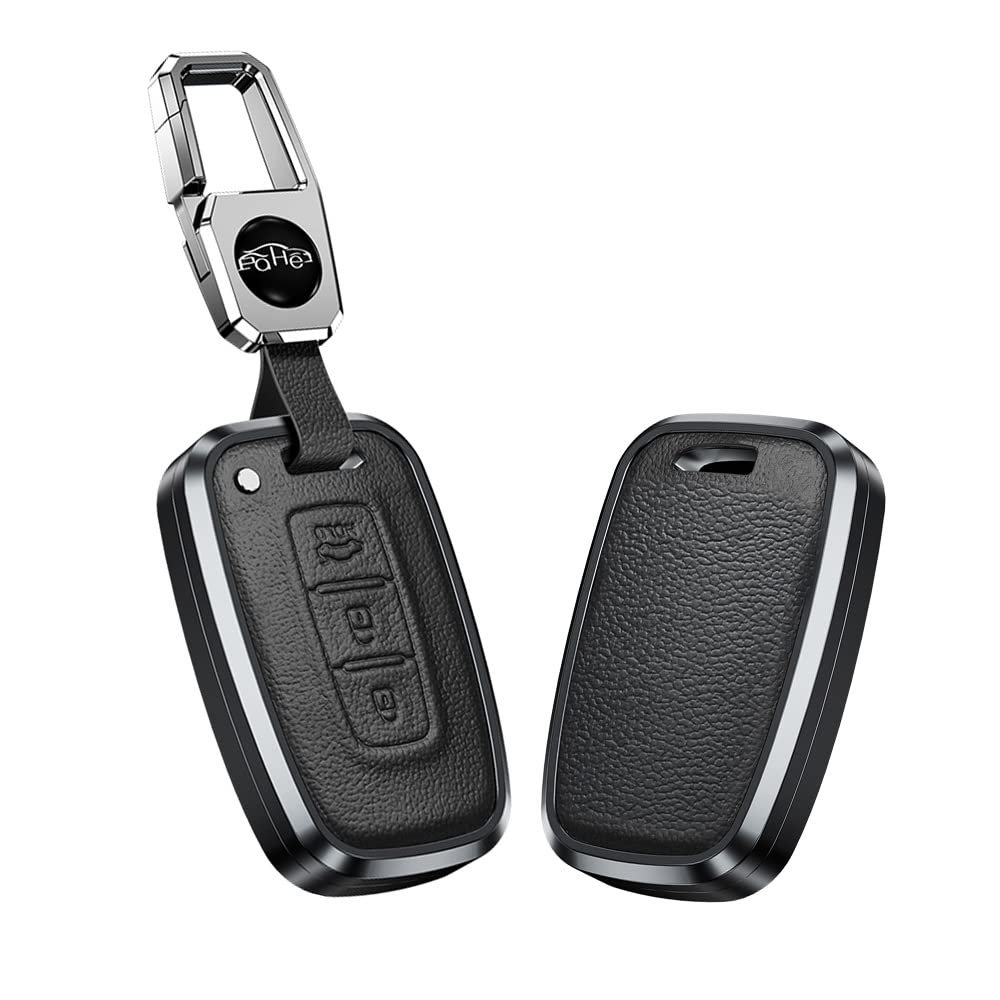 KUNIO 3-Button Key Fob Cover for Hyundai and Kia, Aluminum Alloy and Leather, Black