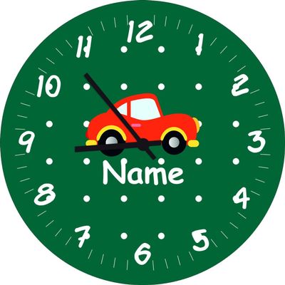 Shirtinstyle Children's Wall Clock with Car Motif and Custom Name, Handmade, 29 cm, Dark Green