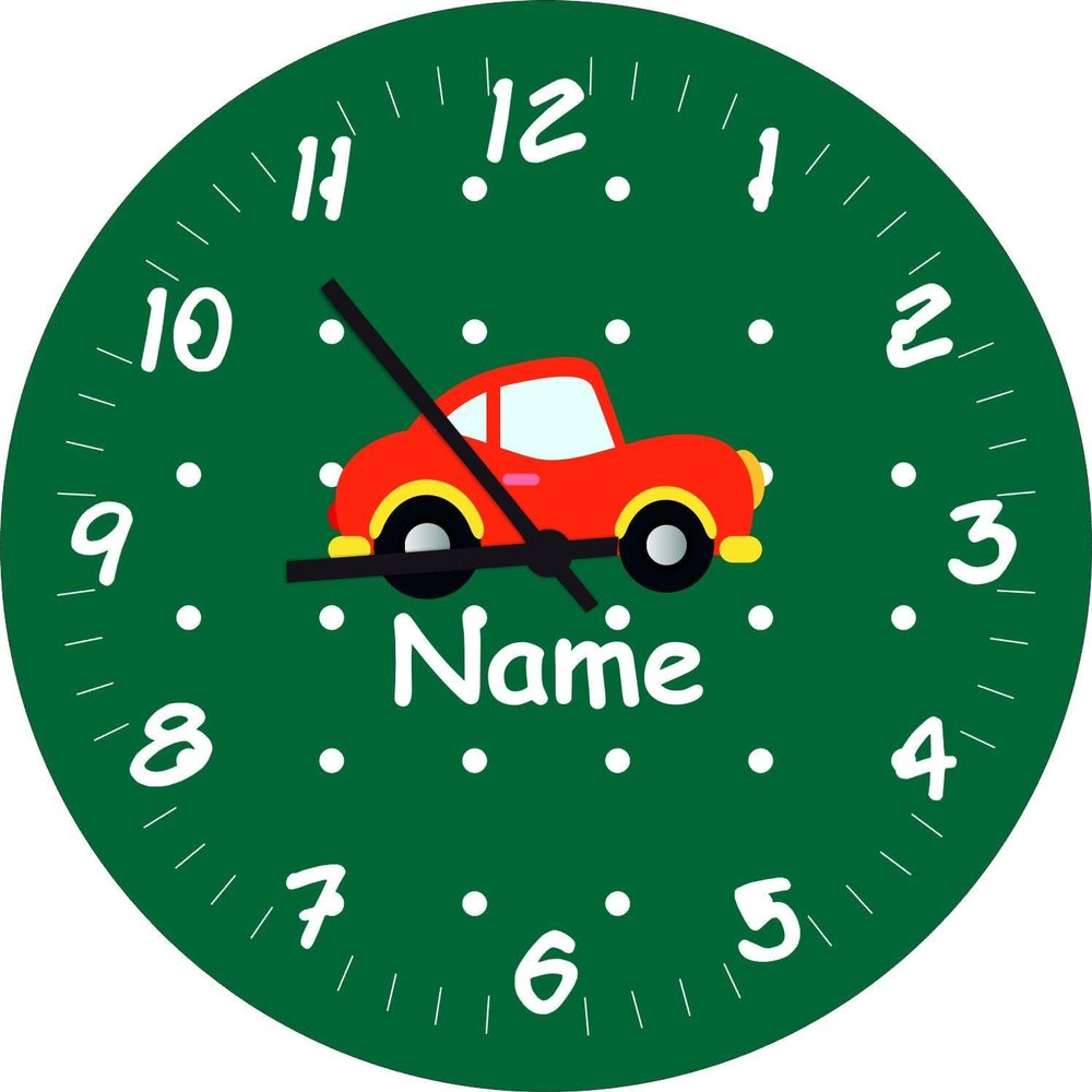Shirtinstyle Children's Wall Clock with Car Motif and Custom Name, Handmade, 29 cm, Dark Green