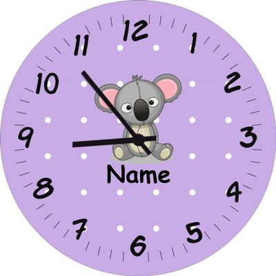 Shirtinstyle Personalized Koala Wall Clock for Kids, 29 cm, Pastel Lilac