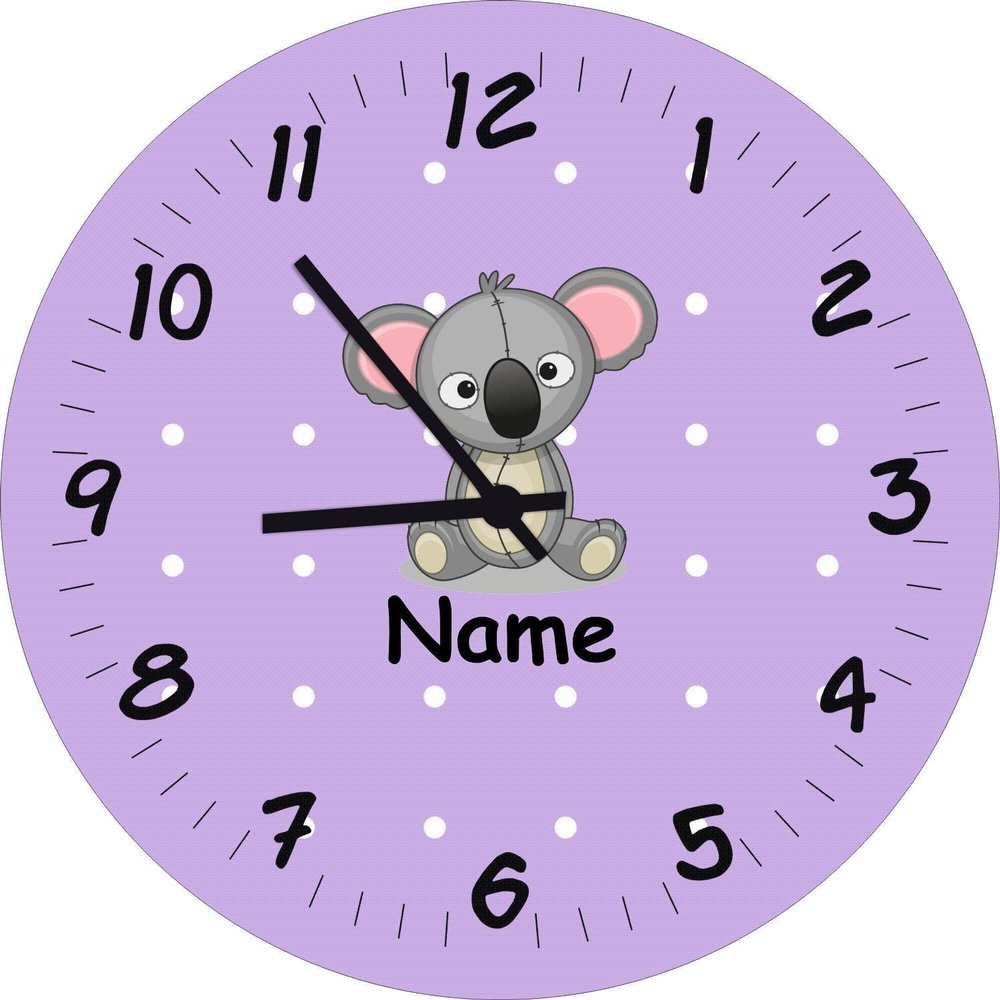 Shirtinstyle Personalized Koala Wall Clock for Kids, 29 cm, Pastel Lilac