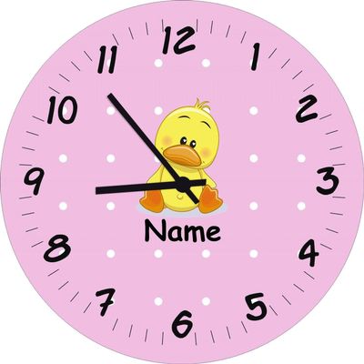 Shirtinstyle Children's Room Wall Clock with Duck Motif and Custom Name, 29 cm, Pastel Pink