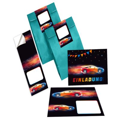 Junapack 12 Race Car Birthday Invitations with Envelopes, Bags and Stickers