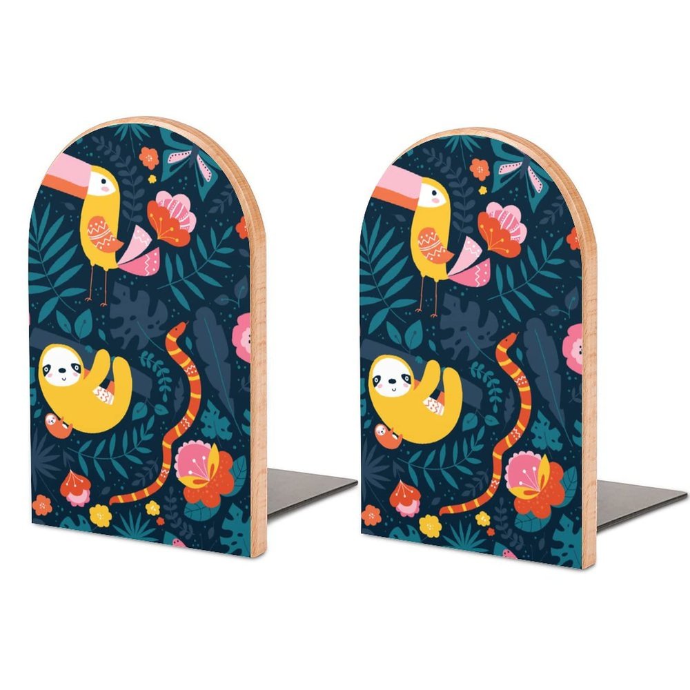 Palm Leaves, Flowers, Butterfly, Toucan, Sloth Decorative Wooden Bookends
