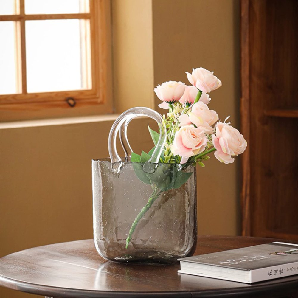NLDGR Gray Glass Purse Vase for Flowers, Clear Hand-Blown Glass with Handles, 7.6 x 10.6 in