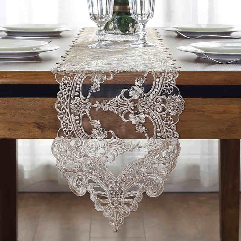 INKCOR Champagne Lace Table Runner, Romantic Table Decor for Weddings, Halloween, and Christmas, 26 x 120 cm (10.2 x 47.2 in)