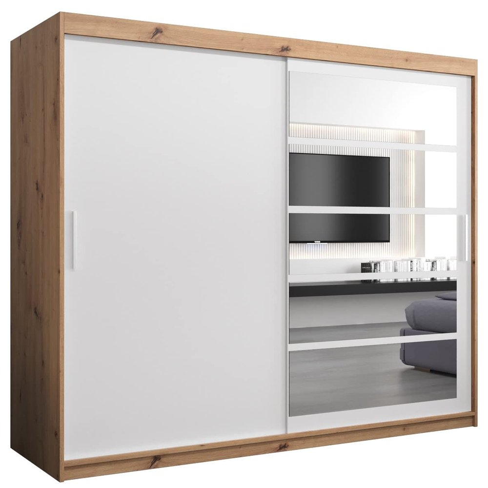 MEBLE KRYSPOL Roma 1 200 Bedroom Wardrobe with Two Sliding Doors, Mirror, Clothing Rods and Shelves, 200 x 200 x 62 cm, Artisan + Matte White