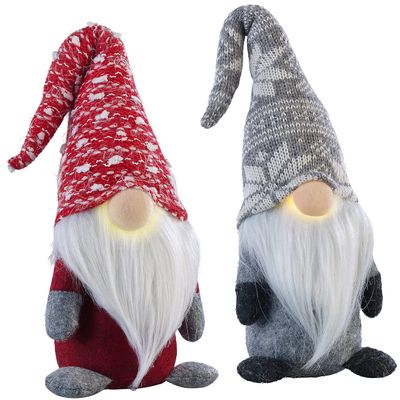 infactory Set of 2 Decorative Christmas Gnomes with Glowing Noses, 34 cm, Gray & Red (NAS)