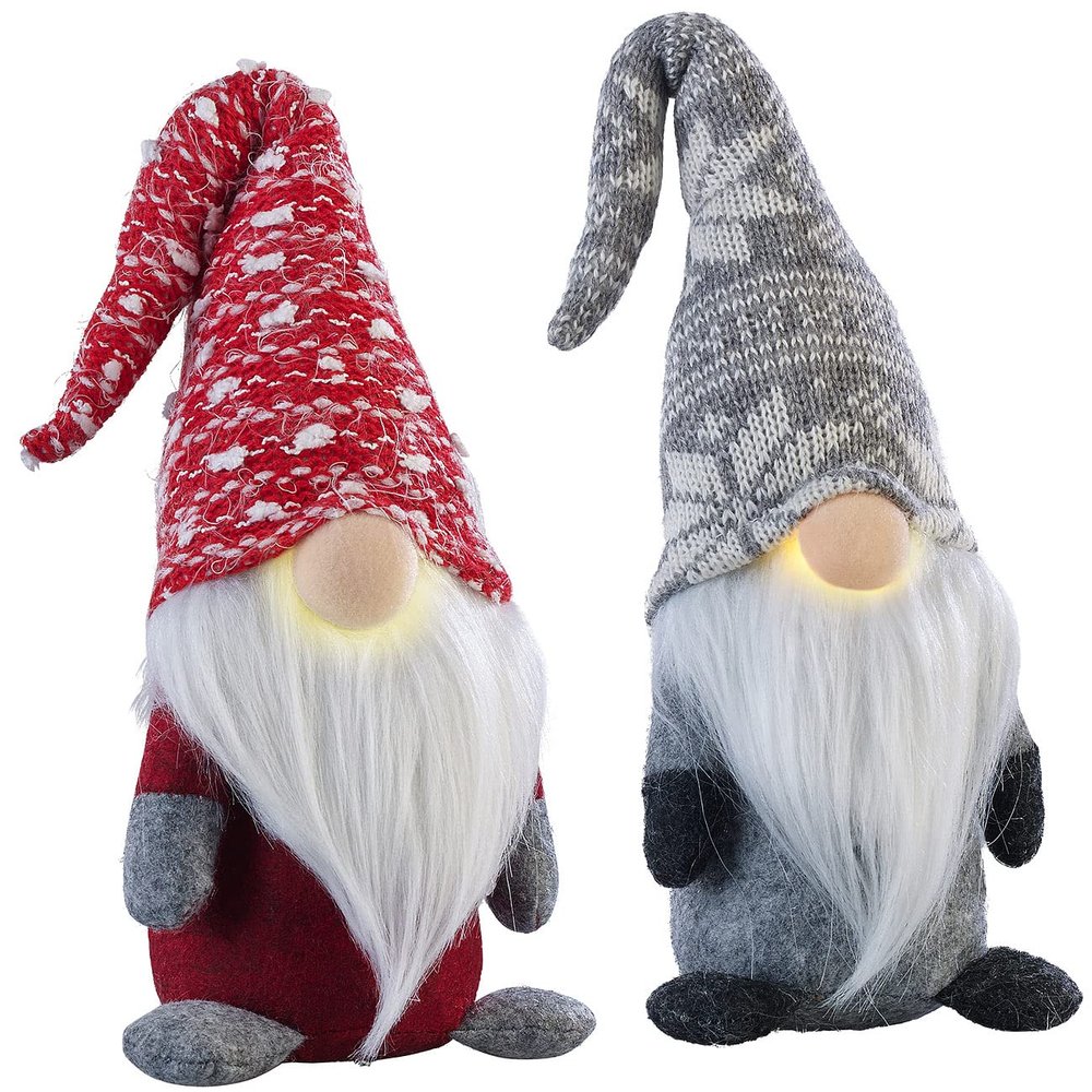 infactory Set of 2 Decorative Christmas Gnomes with Glowing Noses, 34 cm, Gray & Red (NAS)
