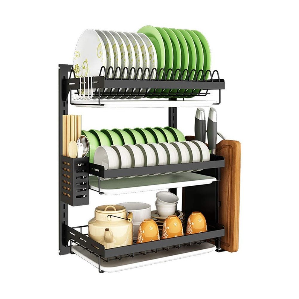3-Tier Wall-Mounted Dish Rack, 201 Stainless Steel, Silver, with Chopstick Holder, 55.5 × 26.5 × 41 cm