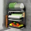 3-Tier Wall-Mounted Dish Rack, 201 Stainless Steel, Silver, with Chopstick Holder, 55.5 × 26.5 × 41 cm view 3