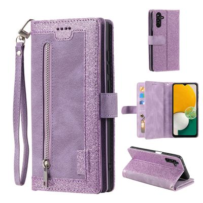 EYZUTAK Wallet Case for Samsung Galaxy A14 5G, Retro Matte Design, 9 Card Slots, Zipper Pocket, PU Leather, Magnetic Closure, Kickstand with Wrist Strap, Glitter