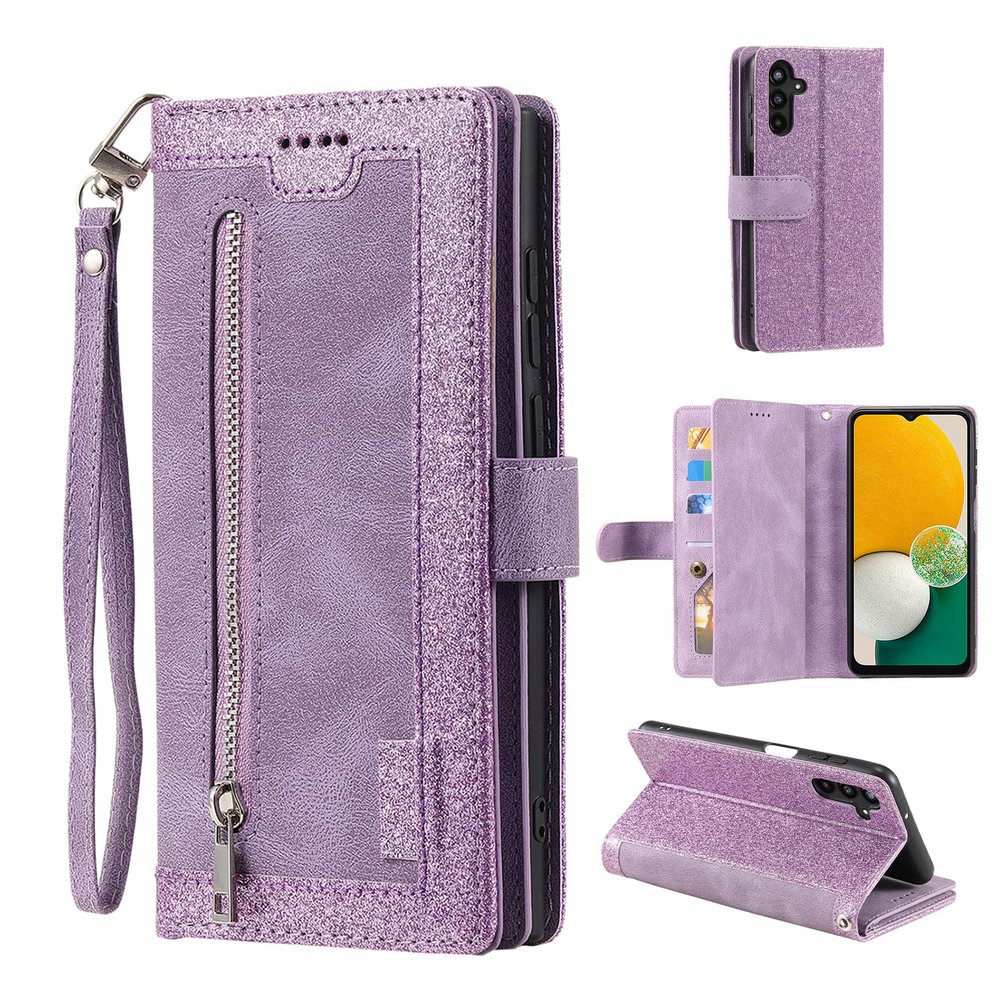EYZUTAK Wallet Case for Samsung Galaxy A14 5G, Retro Matte Design, 9 Card Slots, Zipper Pocket, PU Leather, Magnetic Closure, Kickstand with Wrist Strap, Glitter