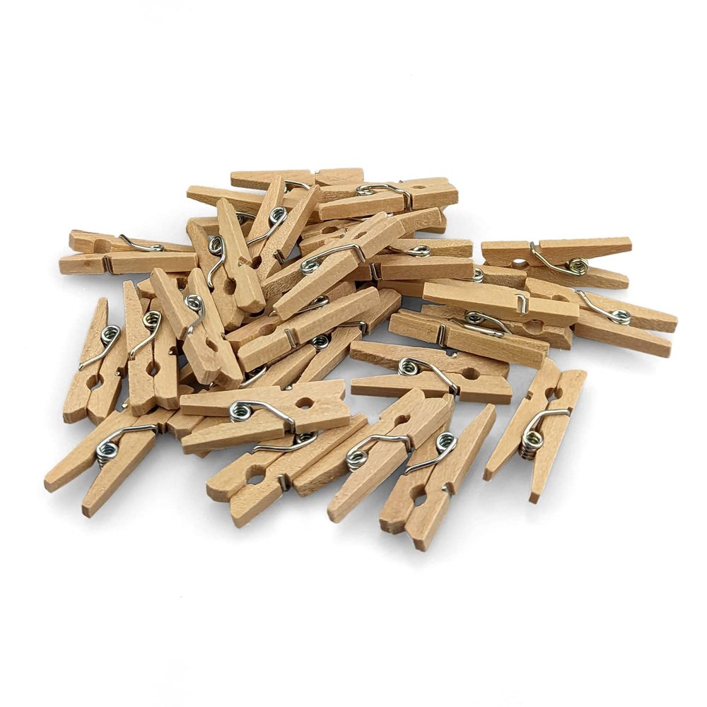 Netuno 30-Pack Natural Brown Wooden Decorative Clips, 25 x 3 mm, for Crafts and Home Decor