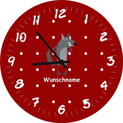 Shirtinstyle Children's Wall Clock with Wolf Motif and Personalized Name, 20 cm, Dark Red