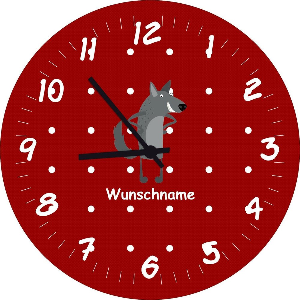 Shirtinstyle Children's Wall Clock with Wolf Motif and Personalized Name, 20 cm, Dark Red