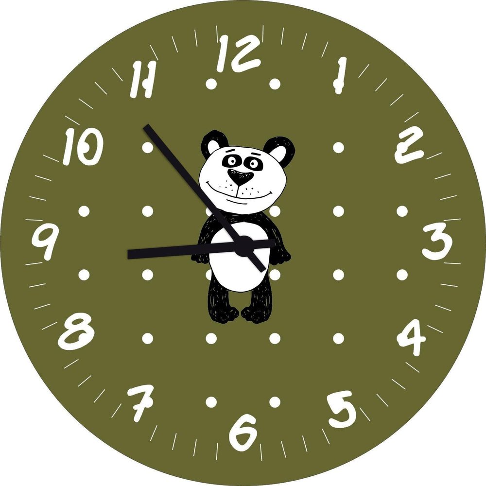 Shirtinstyle Panda Children's Room Wall Clock with Custom Name, Olive Green, 29 cm
