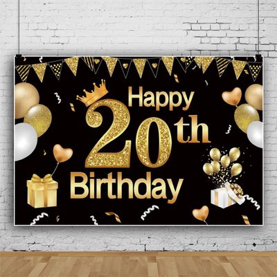 Bovlleetd 220x150cm Happy Birthday Black and Gold 20th Birthday Backdrop