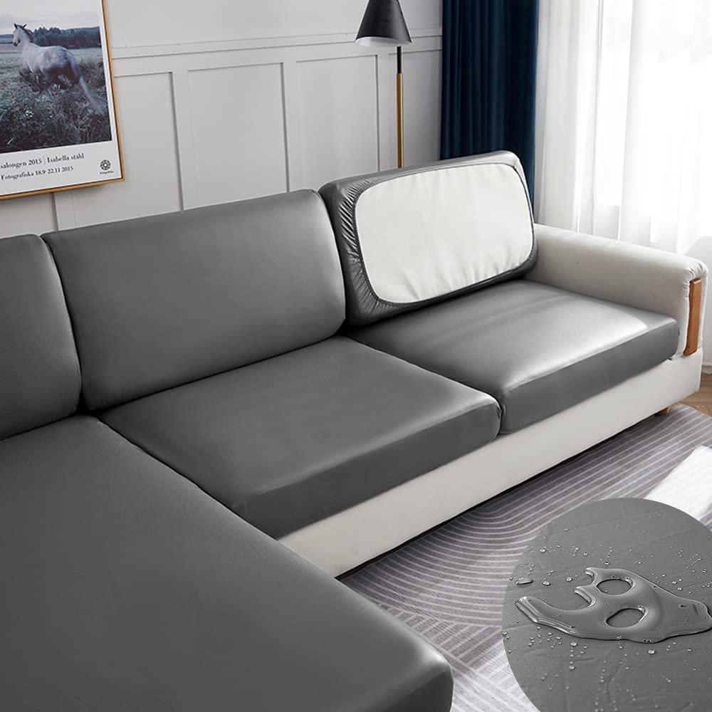 Surwin Waterproof Stretch Faux Leather Sofa Seat Cushion Cover, 3-Seater, Gray