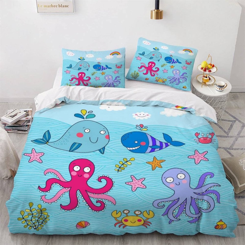 VASENA 3-Piece Whale & Octopus Bedding Set, 220 x 240 cm, Blue 3D Microfiber