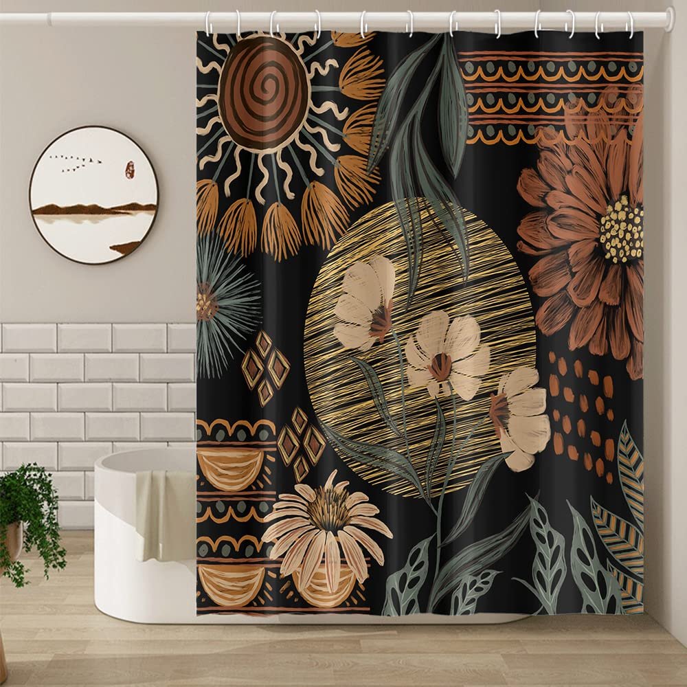 Umpoo Bohemian Botanical Flower Shower Curtain, Black, 152.4 x 183.9 cm