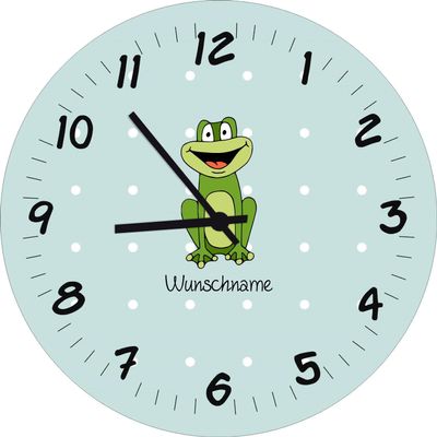 Shirtinstyle Handmade Frog Wall Clock for Children's Room with Custom Name, 29 cm, Pastel Mint