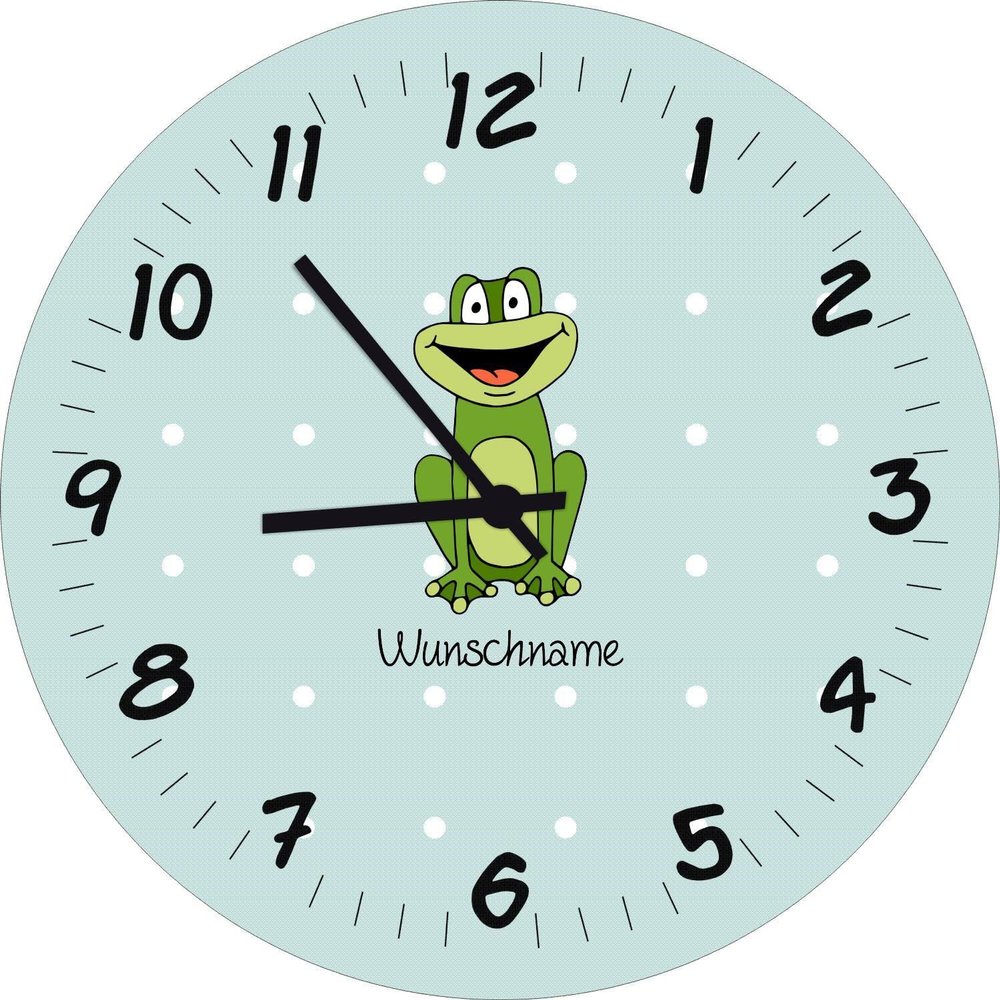 Shirtinstyle Handmade Frog Wall Clock for Children's Room with Custom Name, 29 cm, Pastel Mint
