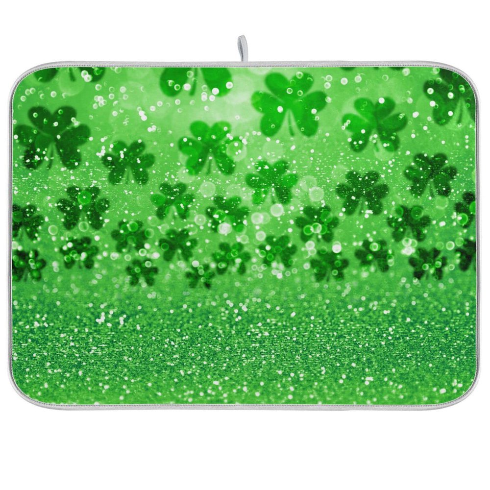 Polyester Dish Drying Mat, Absorbent, 40.6 x 45.7 cm, Green Glitter Shamrock