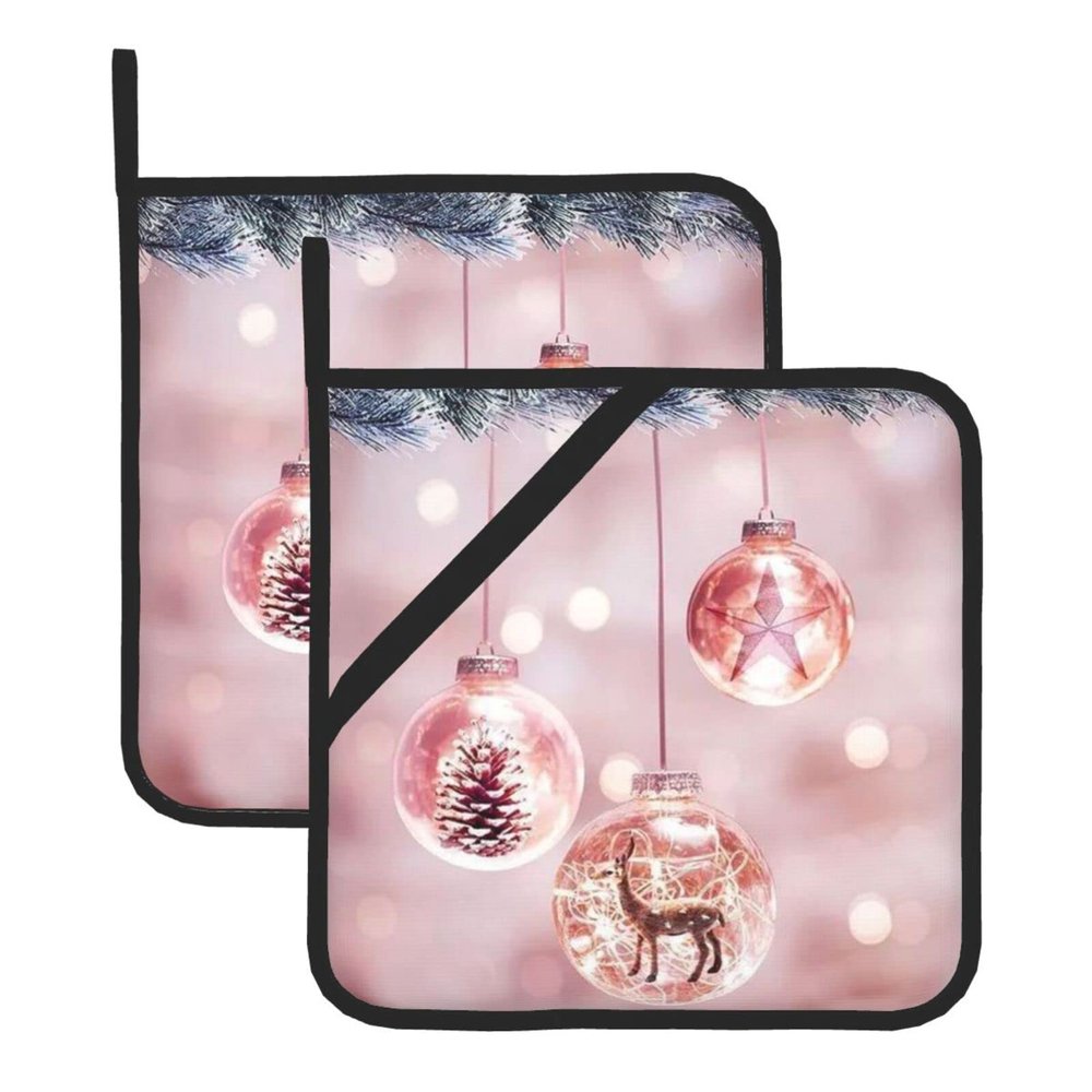 Square Heat-Resistant Pot Holders with Pink Christmas Ornament Print, 2-Piece Set