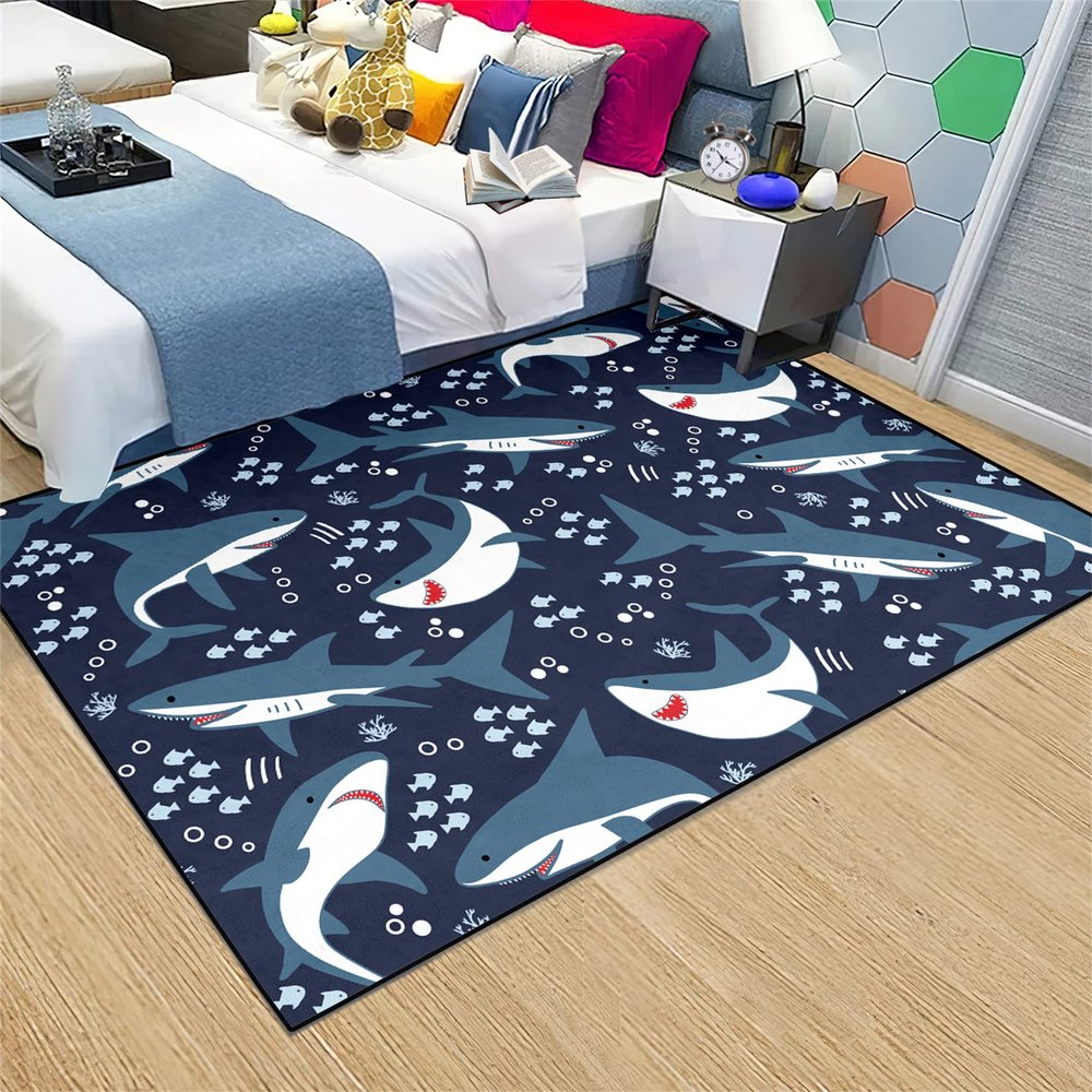 Gray Cute Shark Rug for Kids, Cartoon Ocean Life Design, 1.2 x 1.5