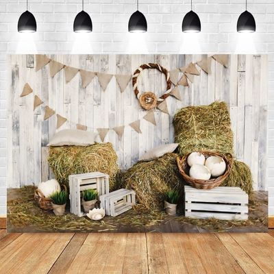Spring Easter Eggs and Hay Bales Farm Barn Photography Backdrop, 300 x 200 cm