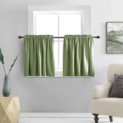DONREN 2-Panel Blackout Tier Curtains for Small Windows, Cabinet Curtains with Rod Pocket, Sage Green, 132 x 91 cm