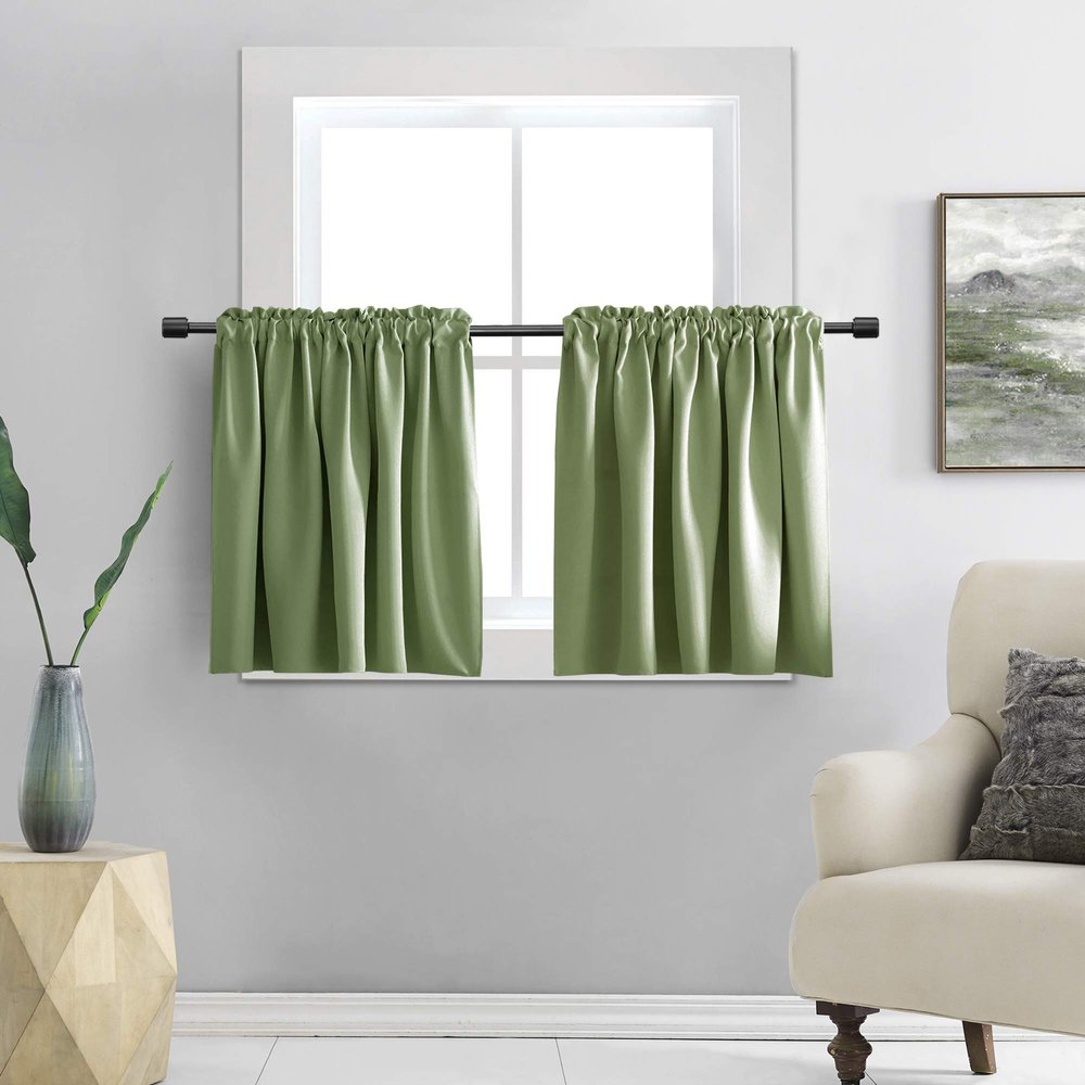 DONREN 2-Panel Blackout Tier Curtains for Small Windows, Cabinet Curtains with Rod Pocket, Sage Green, 132 x 91 cm