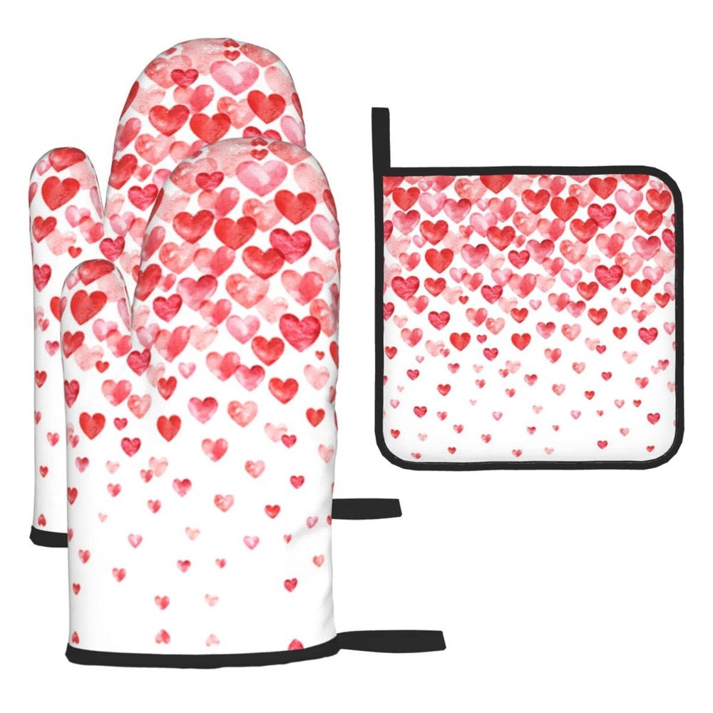 Oven Mitts and Pot Holders, Hearts, 3-Piece Set