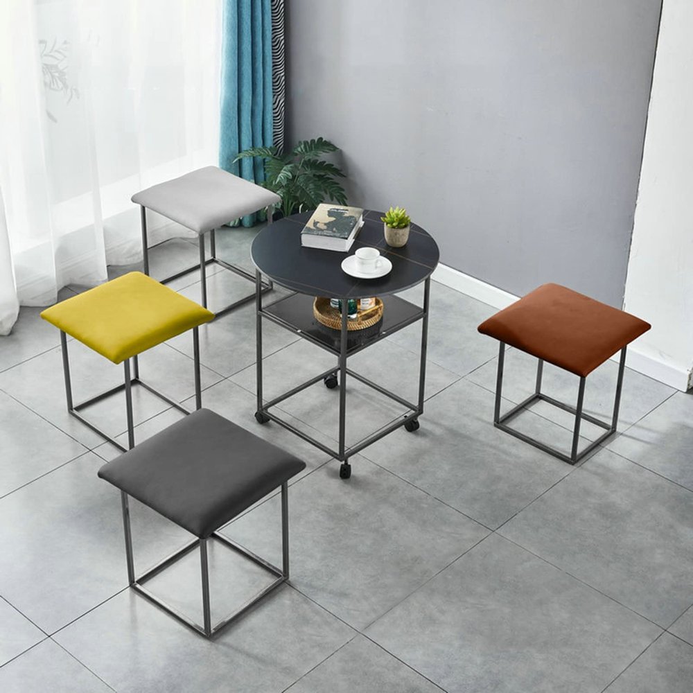Nesting Ottomans Coffee Table 5-Piece Set with 4 Colorful Stackable Ottoman Stools and Black-Framed Side Table with Casters