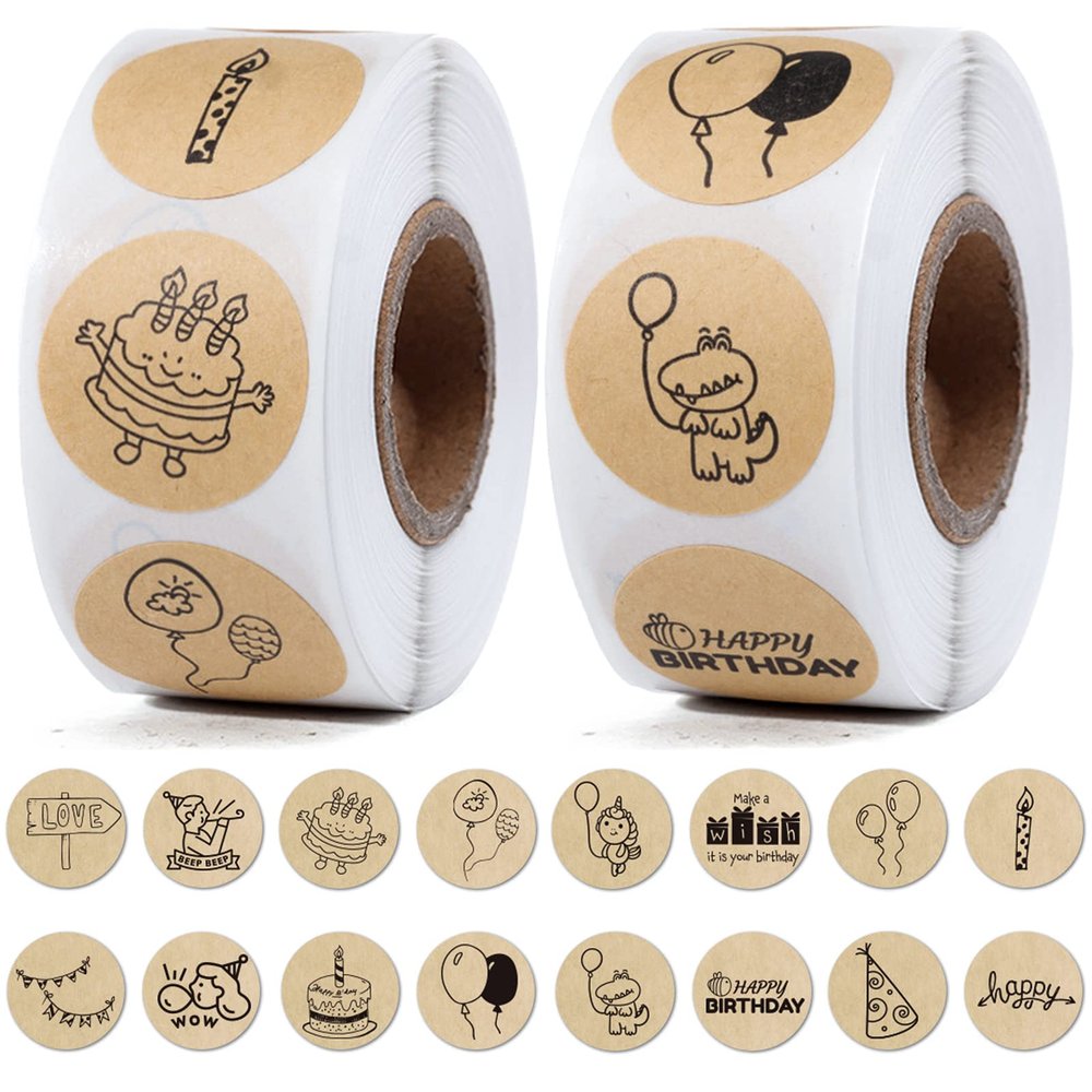 1,000 Happy Birthday Kraft Paper Stickers, Self-Adhesive, 16 Designs, 1 in, Style 1
